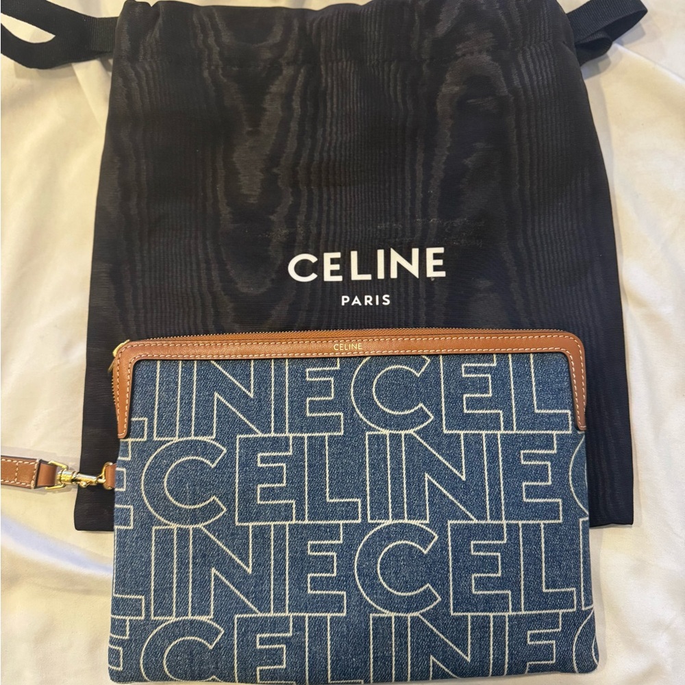 CELINE INSPIRED denim logo clutch. BRAND NEW!